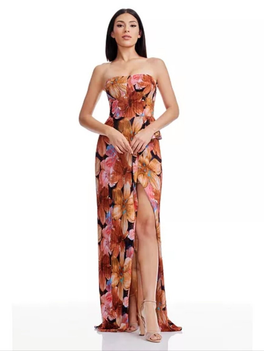 Dress The Population NWT Large Floral Pleated Ruffle Maxi Dress $248 Statement